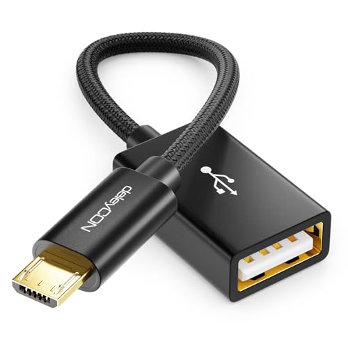 deleyCON 0,1m USB 2.0 OTG Adapter Kabel Nylon + Metallstecker - Micro USB auf USB A Buchse Datenkabel Smartphone & Tablet verbinden mit USB Stick - Schwarz von deleyCON