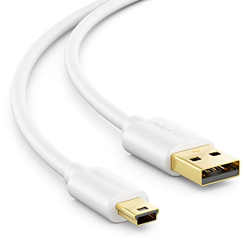 deleyCON 1,5m Mini USB 2.0 High Speed Kabel - Ladekabel Datenkabel für Handys Smartphones Tablets Navis Mikrofon - USB A-Stecker zu Mini B-Stecker - Weiß von deleyCON