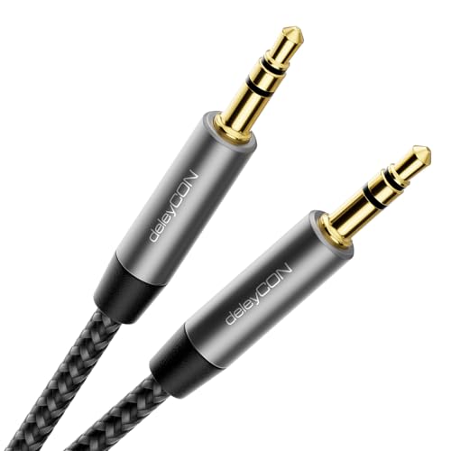 deleyCON 1,5m Nylon 3,5mm Klinke Audio Stereo AUX Kabel Klinkenkabel Audiokabel Nylonkabel Metallstecker Handy Smartphone Tablet Kopfhörer HiFi Receiver - Schwarz von deleyCON