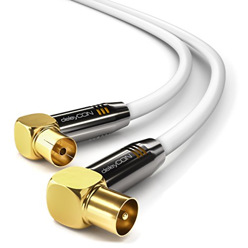 deleyCON 1,5m 4K TV Antennenkabel - 4K Ultra-HD Full HD HDTV - 2x Gewinkelt - Koaxialkabel - IEC-Stecker (90° Grad) zu IEC-Buchse (90° Grad) - Metallstecker - Weiß von deleyCON