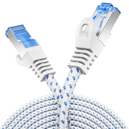 deleyCON 10m CAT8.1 Patchkabel LAN Kabel mit Nylonmantel und Kupferleiter - Netzwerkkabel Datenkabel S/FTP PIMF 2000 MHz 40 Gbit RJ45 Stecker CAT.8 Ethernet Kabel - Weiß von deleyCON