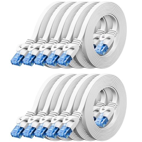 deleyCON 10x 0,5m CAT6 Flaches Netzwerkkabel 1,5 mm Flachkabel Flachbandkabel U-UTP RJ45 - UUTP Patchkabel für DSL LAN Switch Router Modem Repeater Patchpanel - Weiß von deleyCON