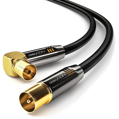deleyCON 12,5m 4K TV Antennenkabel - 4K Ultra-HD Full HD HDTV - 1x Gewinkelt - Koaxialkabel - IEC-Stecker (gerade) zu IEC-Buchse (90° Grad) - Metallstecker - Schwarz von deleyCON