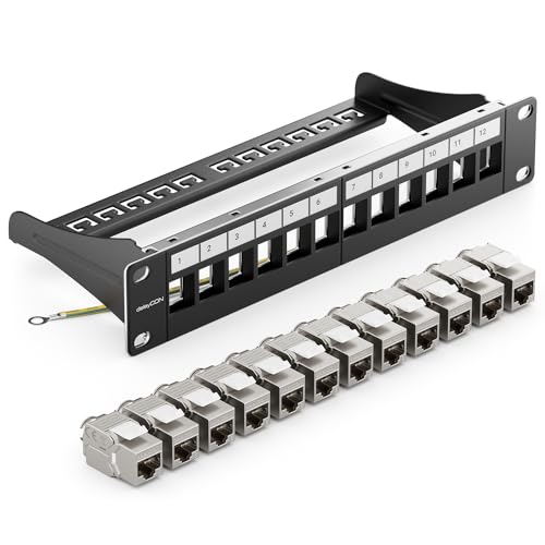 deleyCON 12 Port CAT 8 Patchpanel Set Verteilerfeld Patchfeld 10" Zoll 1 HE + 12x RJ45 Keystone Jack Modul CAT8 40 Gbit/s 2000 MHz Kompatibel mit Verlegekabel CAT7 CAT-8 Ethernet Netzwerkkabel von deleyCON