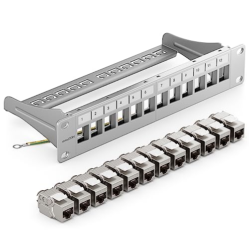 deleyCON 12 Port CAT7 Patchpanel SET Patchfeld Verteilerfeld Modular 1 HE 10" Zoll Rackeinbau + 12x CAT 7 Keystone Module RJ45 LAN Netzwerk 10 Gbit/s 600 MHz Verlegekabel Grau deleyCON 12 Port CAT7 Patchpanel SET Patchfeld Verteilerfeld Modular 1 HE 10" Zoll Rackeinbau + 12x CAT 7 Keystone Module RJ45 LAN Netzwerk 10 Gbit/s 600 MHz Verlegekabel Grau von deleyCON