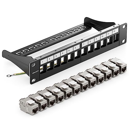 deleyCON 12 Port CAT7 Patchpanel SET Patchfeld Verteilerfeld Modular 1 HE 10" Zoll Rackeinbau + 12x CAT 7 Keystone Module RJ45 LAN Netzwerk 10 Gbit/s 600 MHz Verlegekabel Schwarz von deleyCON