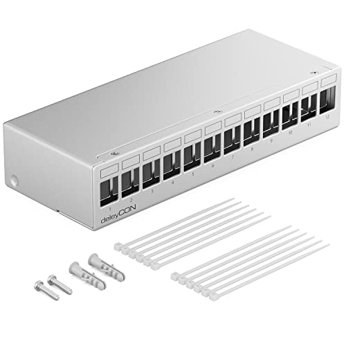 deleyCON 12 Port Patchpanel Gehäuse 1 HE für 14,9 mm x 17 mm Keystone Module mit z.B. RJ45 Koaxialstecker BNC F-Stecker Antennenstecker RJ-11 Cinch Klinke USB Toslink PS2 HDMI - Grau von deleyCON