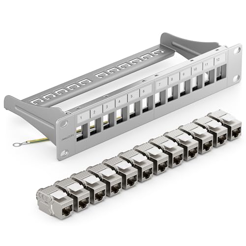 deleyCON 12 Port Patchpanel Set Patchfeld Modular 1 HE 10" Zoll Rackeinbau + 12x RJ45 Keystone Module CAT6a Kompatibel mit CAT5 CAT6 CAT7 LAN Netzwerkkabel Verlegekabel Grau deleyCON 12 Port Patchpanel Set Patchfeld Modular 1 HE 10" Zoll Rackeinbau + 12x RJ45 Keystone Module CAT6a Kompatibel mit CAT5 CAT6 CAT7 LAN Netzwerkkabel Verlegekabel Grau von deleyCON