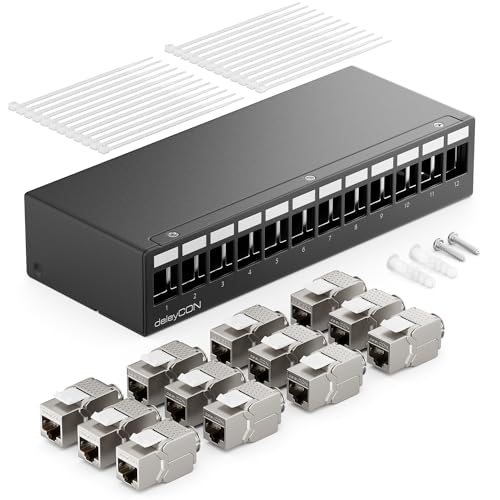 deleyCON 12 Port Patchpanel Set Patchfeld Verteilerfeld 1 HE + 12x RJ45 Keystone Jack Modul STP CAT6a Kompatibel mit Verlegekabel CAT6 CAT6a CAT7 Netzwerkkabel Ethernet LAN DSL - Schwarz von deleyCON