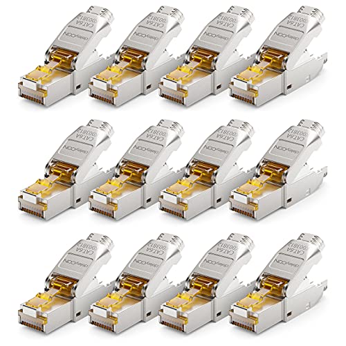 deleyCON 12x CAT 6a Netzwerkstecker RJ45 Werkzeuglos Geschirmt 10 Gbit/s Netzwerk Stecker für Starre Verlegekabel Rohkabel Steckverbinder RJ45 Ethernet LAN DSL Patchkabel von deleyCON