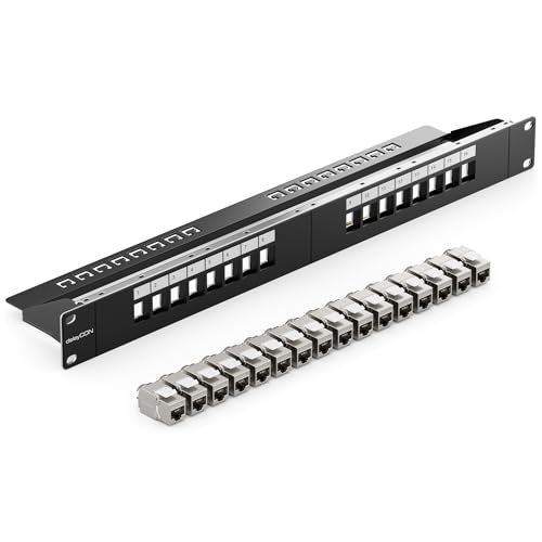 deleyCON 16 Port CAT7 Patchpanel SET Patchfeld Verteilerfeld Modular 1 HE 19" Zoll Rackeinbau + 16x CAT 7 Keystone Module RJ45 LAN Netzwerk 10 Gbit/s 600 MHz Verlegekabel Schwarz von deleyCON