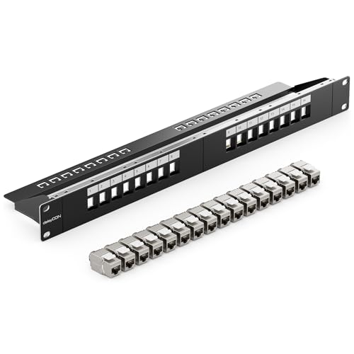 deleyCON 16 Port Patchpanel Set Patchfeld Modular 1 HE 19" Zoll Rackeinbau + 16x RJ45 Keystone Module CAT6a Kompatibel mit CAT5 CAT6 CAT7 LAN Netzwerkkabel Verlegekabel Schwarz von deleyCON