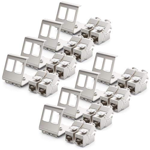 deleyCON 16x CAT6a Keystone Jack Modul mit 8x 2-Port Hutschienenadapter als Set Metall STP Schirmung RJ45 Buchse 10 Gbit/s Netzwerk Snap-In Montage für 35mm Hutschienen von deleyCON