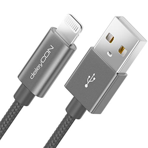 deleyCON 1m Lightning 8 Pin Ladekabel USB Kabel Apple MFi für iPhone 14 Pro Max 14 Pro 14 Plus 14 SE 13 Pro Max 13 Pro 13 Mini 12 Pro Max 12 Pro 12 Mini Metallstecker & Nylonkabel - Grau von deleyCON