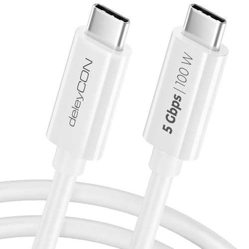 deleyCON 1m USB C Kabel (100W Schnellladekabel + Datenkabel 5 Gbit/s) USB-C Ladekabel für iPhone 16 15 Pro Max Samsung Galaxy S25 S24 S23 Pixel iPad Pro MacBook Air Tablets Switch PS5 - Weiß von deleyCON