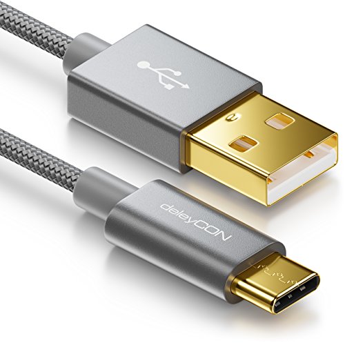 deleyCON 1m USB-C Kabel - Ladekabel Datenkabel - Nylon + Metallstecker - USB C auf USB A - Kompatibel mit Apple Samsung Google Huawei Xiaomi Tablet Laptop PC - Grau von deleyCON