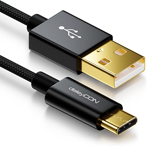 deleyCON 1m USB-C Kabel - Ladekabel Datenkabel - Nylon + Metallstecker - USB C auf USB A - Kompatibel mit Apple Samsung Google Huawei Xiaomi Tablet Laptop PC - Schwarz von deleyCON