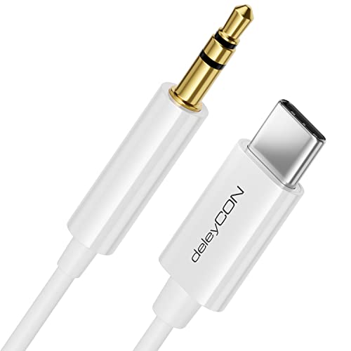 deleyCON 1m USB-C zu 3,5 mm Klinke Kabel AUX Klinkenkabel Audio Kabel Kompatibel mit Apple Samsung Google Huawei Xiaomi Smartphone Handy Tablet Auto KFZ Kopfhörer Klinkenbuchse - Weiß von deleyCON