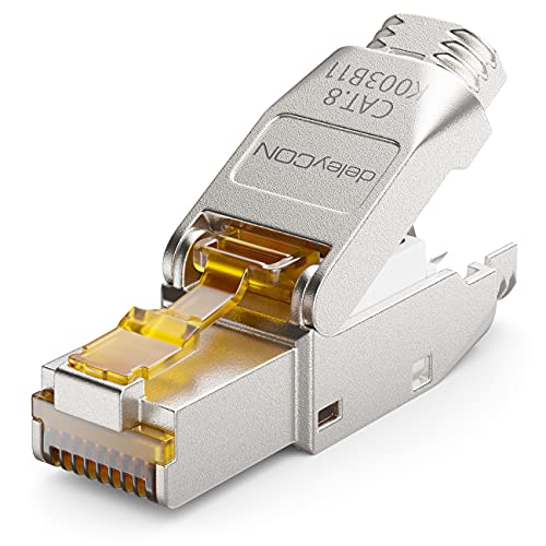 deleyCON 1x CAT 8 Netzwerkstecker RJ45 Werkzeuglos Geschirmt 40 Gbit/s Netzwerk Stecker für Starre Verlegekabel Rohkabel Steckverbinder RJ45 Ethernet LAN DSL Patchkabel von deleyCON