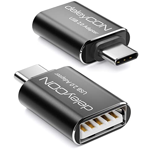 deleyCON 2 Stück USB auf USB C Adapter mit OTG - Aluminium - A Buchse auf C Stecker - USB 2.0 - für Apple Samsung Google Huawei Xiaomi Smartphone Tablet PC Computer Laptop Notebook Schwarz von deleyCON