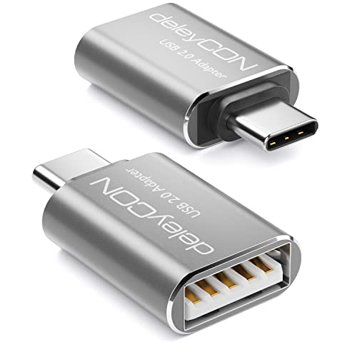 deleyCON 2 Stück USB auf USB C Adapter mit OTG - Aluminium - A Buchse auf C Stecker - USB 2.0 - für Apple Samsung Google Huawei Xiaomi Smartphone Tablet PC Computer Laptop Notebook Silber von deleyCON