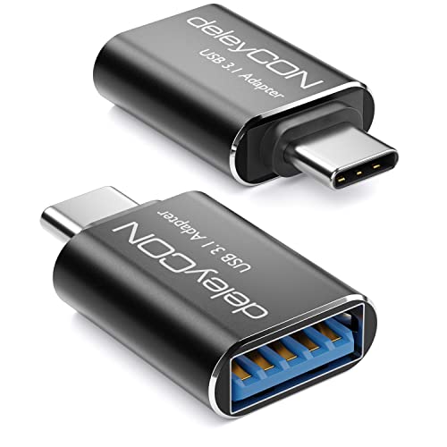 deleyCON 2 Stück USB auf USB C OTG Adapter - USB 3.1 mit 5 Gbit/s - Aluminium - für Apple Samsung Google Huawei Xiaomi Smartphone Tablet PC Computer Laptop Notebook Schwarz von deleyCON