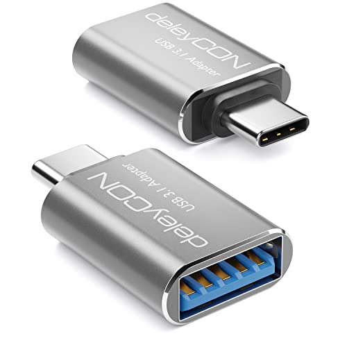 deleyCON USB-C auf USB Adapter 5 Gbit/s (2 Stück) - Handy OTG Adapter Thunderbolt für iPhone 16 15, Galaxy S25/S24/S23, MacBook, iPad, iMac, Surface, Notebook, PC, Laptop, Tablet, Silber von deleyCON
