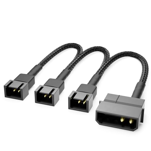 deleyCON 20cm 4-Pin Molex 5V auf 3x3-Pin Lüfterkabel - Lüfteradapter Lüfterkabel für Prozessor- und Gehäuselüfter - Verlängerung Netzteil Lüfter Kabel Schwarz von deleyCON