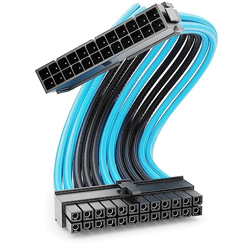 deleyCON 24-Pin ATX Netzteil Kabel Verlängerung 30cm - 18 AWG PSU Mainboard PC Computer Netzteil Nylon Stromkabel Stromversorgung Stecker auf Buchse - Schwarz Blau von deleyCON