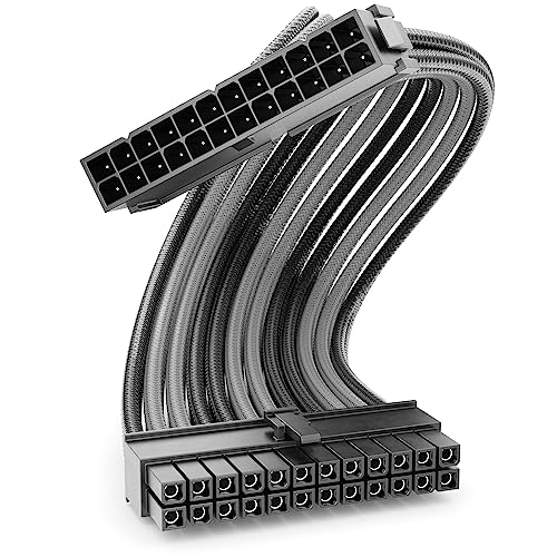 deleyCON 24-Pin ATX Netzteil Kabel Verlängerung 30cm - 18 AWG PSU Mainboard PC Computer Netzteil Nylon Stromkabel Stromversorgung Stecker auf Buchse - Schwarz Grau von deleyCON