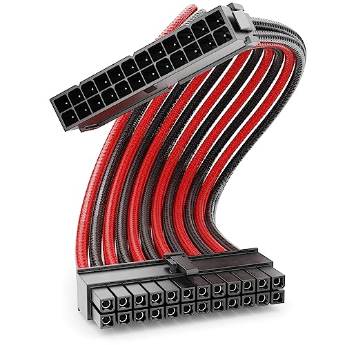 deleyCON 24-Pin ATX Netzteil Kabel Verlängerung 30cm - 18 AWG PSU Mainboard PC Computer Netzteil Nylon Stromkabel Stromversorgung Stecker auf Buchse - Schwarz Rot von deleyCON