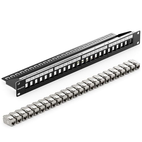 deleyCON 24 Port CAT 8 Patchpanel Set Verteilerfeld Patchfeld 19" Zoll 1 HE + 24x RJ45 Keystone Jack Modul CAT8 40 Gbit/s 2000 MHz Kompatibel mit Verlegekabel CAT7 CAT-8 Ethernet Netzwerkkabel von deleyCON