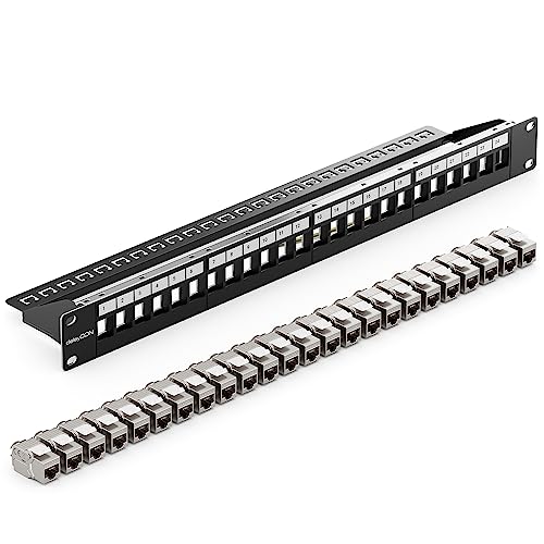 deleyCON 24 Port CAT7 Patchpanel SET Patchfeld Verteilerfeld Modular 1 HE 19" Zoll Rackeinbau + 24x CAT 7 Keystone Module RJ45 LAN Netzwerk 10 Gbit/s 600 MHz Verlegekabel Schwarz von deleyCON