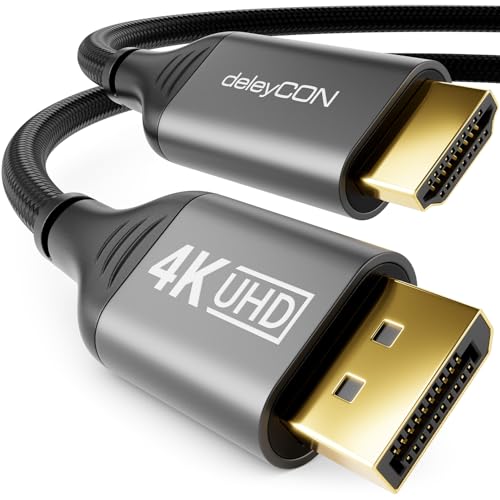 deleyCON 2m 4K DisplayPort zu HDMI Kabel (für HDMI Monitor/TV/Beamer) 4K@60Hz, 1080P WQHD @165Hz 144Hz 120Hz 60Hz - DP Stecker zu HDMI Stecker Adapter für DP Computer Grafikkarte Gaming PC von deleyCON
