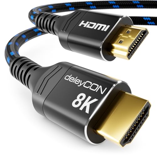 deleyCON 2m 8K HDMI 2.1 Kabel UHD 2160p 8K@60Hz 4K@120Hz 2K@240Hz HDR+ ARC CEC Dolby DTS Aluminium-Stecker Schwarz Blau von deleyCON