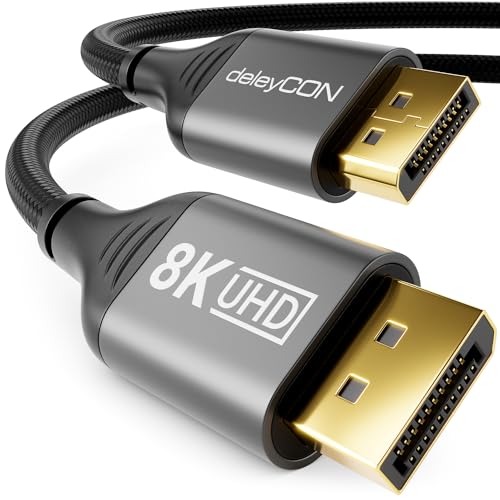 deleyCON 2m DisplayPort Kabel 1.4 (8K@60Hz 4K@165Hz 2K@360Hz) UHD WQHD HDR HDCP 2.2 - AMD FreeSync NVIDIA G-Sync - Ideal für Gaming Monitor und Grafikkarte - Grau Schwarz von deleyCON
