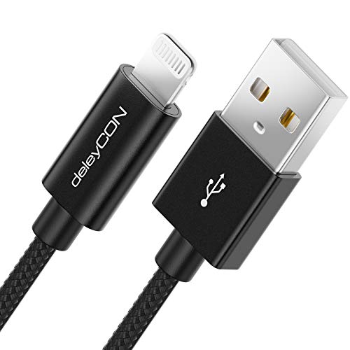 deleyCON 2m Lightning 8 Pin Ladekabel USB Kabel Apple MFi für iPhone 14 Pro Max 14 Pro 14 Plus 14 SE 13 Pro Max 13 Pro 13 Mini 12 Pro Max 12 Pro 12 Mini Metallstecker & Nylonkabel - Schwarz von deleyCON