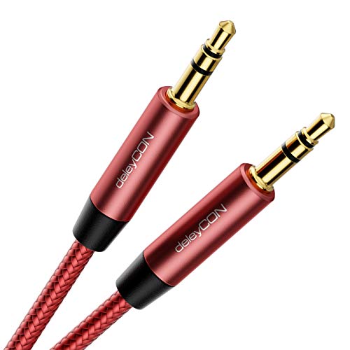 deleyCON 2m Nylon 3,5mm Klinke Audio Stereo AUX Kabel Klinkenkabel Audiokabel Nylonkabel Metallstecker Handy Smartphone Tablet Kopfhörer HiFi Receiver - Rot/Rosa von deleyCON
