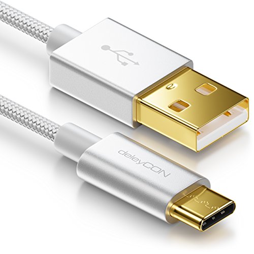 deleyCON 2m USB-C Kabel - Ladekabel Datenkabel - Nylon + Metallstecker - USB C auf USB A - Kompatibel mit Apple Samsung Google Huawei Xiaomi Tablet Laptop PC - Silber von deleyCON