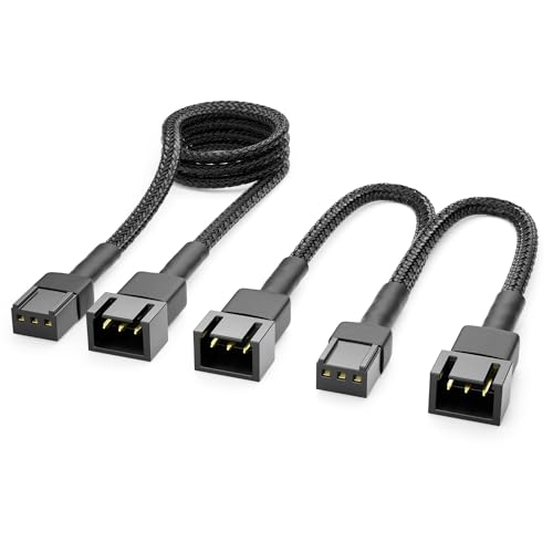 deleyCON 3-Pin Lüfter Kabel Set Verlängerungskabel - 60 cm Verlängerungskabel + 15 cm Y-Kabel Nylonkabel Plug & Play für PC Computer Workstation Schwarz von deleyCON