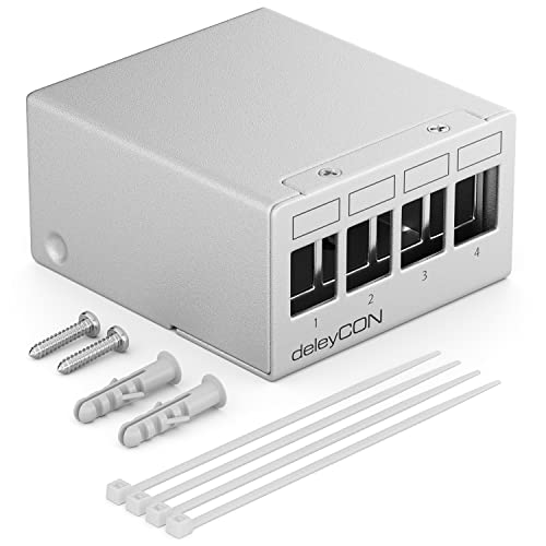 deleyCON 4 Port Patchpanel Gehäuse 1 HE für 14,9 mm x 17 mm Keystone Module mit z.B. RJ45 Koaxialstecker BNC F-Stecker Antennenstecker RJ-11 Cinch Klinke USB Toslink PS2 HDMI - Grau von deleyCON