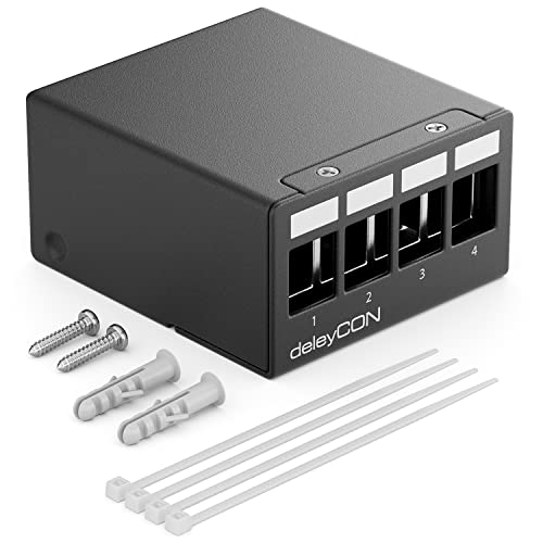 deleyCON 4 Port Patchpanel Gehäuse 1 HE für 14,9 mm x 17 mm Keystone Module mit z.B. RJ45 Koaxialstecker BNC F-Stecker Antennenstecker RJ-11 Cinch Klinke USB Toslink PS2 HDMI - Schwarz von deleyCON