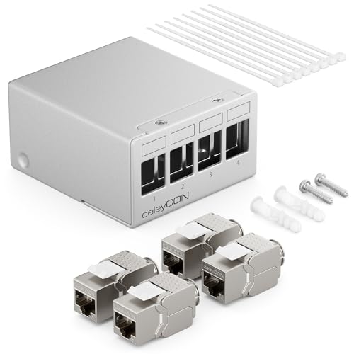 deleyCON 4 Port Patchpanel Set Patchfeld Verteilerfeld 1 HE + 4x RJ45 Keystone Jack Modul STP CAT6a Kompatibel mit Verlegekabel CAT6 CAT6a CAT7 Netzwerkkabel Ethernet LAN DSL - Grau von deleyCON