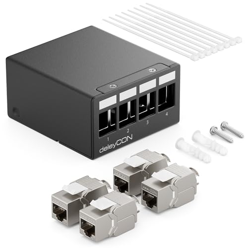 deleyCON 4 Port CAT7 Patchpanel Set mit 4x CAT.7 RJ45 Keystone Jack Modul STP 10 Gbit/s - Verteilerfeld Kompatibel mit Verlegekabel CAT6 CAT6a CAT7 CAT8 Ethernet LAN DSL Netzwerkkabel - Schwarz deleyCON 4 Port CAT7 Patchpanel Set mit 4x CAT.7 RJ45 Keystone Jack Modul STP 10 Gbit/s - Verteilerfeld Kompatibel mit Verlegekabel CAT6 CAT6a CAT7 CAT8 Ethernet LAN DSL Netzwerkkabel - Schwarz von deleyCON