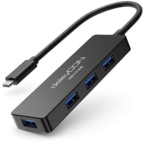 deleyCON 4 Port USB 3.0 HUB mit USB C-Stecker Datenhub USB Erweiterung bis 5Gbit/s OTG Handy Tablet Smartphone Windows & Mac Verteiler Dockingstation USB Typ C Anschluss von deleyCON