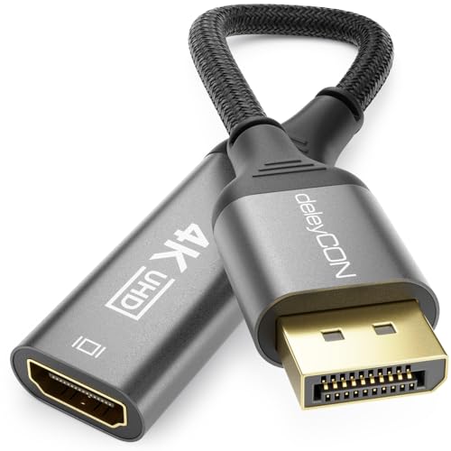 deleyCON 4K DisplayPort zu HDMI Adapter - für Monitor/TV/Beamer, 4K@60Hz, 1080P WQHD @165Hz 144Hz 120Hz 60Hz - DP Stecker zu HDMI Buchse für Computer Grafikkarte Gaming PC von deleyCON