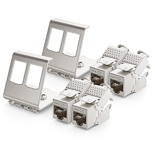 deleyCON 4X CAT6a Keystone Jack Modul mit 2X 2-Port Hutschienenadapter als Set Metall STP Schirmung RJ45 Buchse 10 Gbit/s Netzwerk Snap-In Montage für 35mm Hutschienen von deleyCON