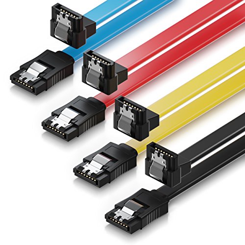 deleyCON 4x 50cm SATA III Kabel S-ATA 3 Datenkabel 6 GBit/s Verbindungskabel Anschlusskabel für HDD SSD - Metall-Clip - 1x Gerade 1x 90° L-Type Stecker - Gelb/Rot/Blau/Schwarz von deleyCON