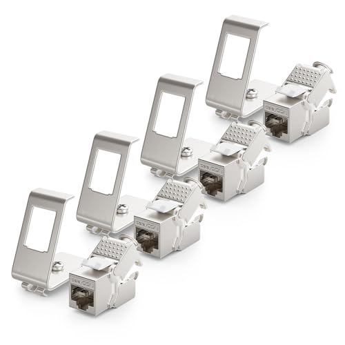 deleyCON 4x CAT6a Keystone Jack Modul mit 4x 1-Port Hutschienenadapter als Set Metall STP Schirmung RJ45 Buchse 10 Gbit/s Netzwerk Snap-In Montage für 35mm Hutschienen von deleyCON