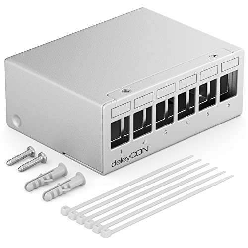 deleyCON 6 Port Patchpanel Gehäuse 1 HE für 14,9 mm x 17 mm Keystone Module mit z.B. RJ45 Koaxialstecker BNC F-Stecker Antennenstecker RJ-11 Cinch Klinke USB Toslink PS2 HDMI - Grau von deleyCON